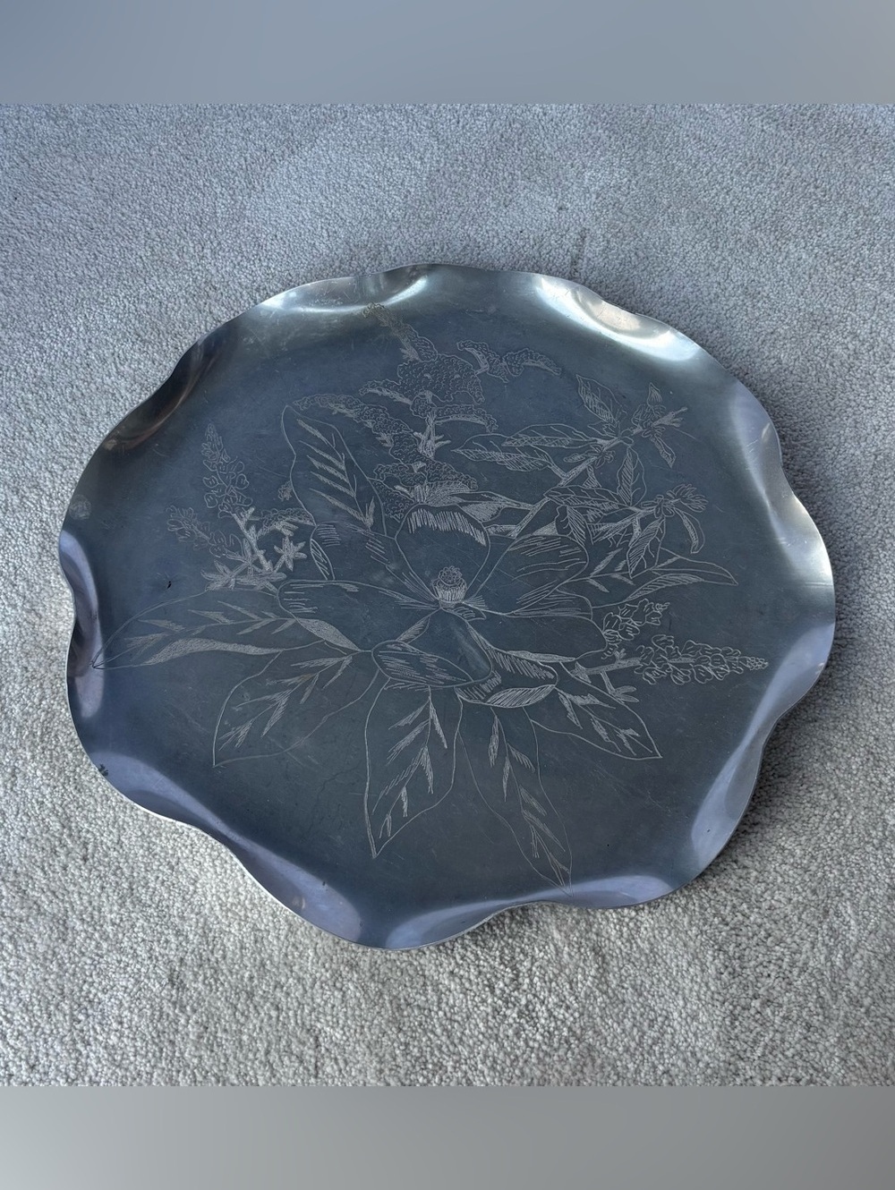 Magnolia Etched Aluminum Tray with Artist Signature & Date Mid Century 1968 Yost
